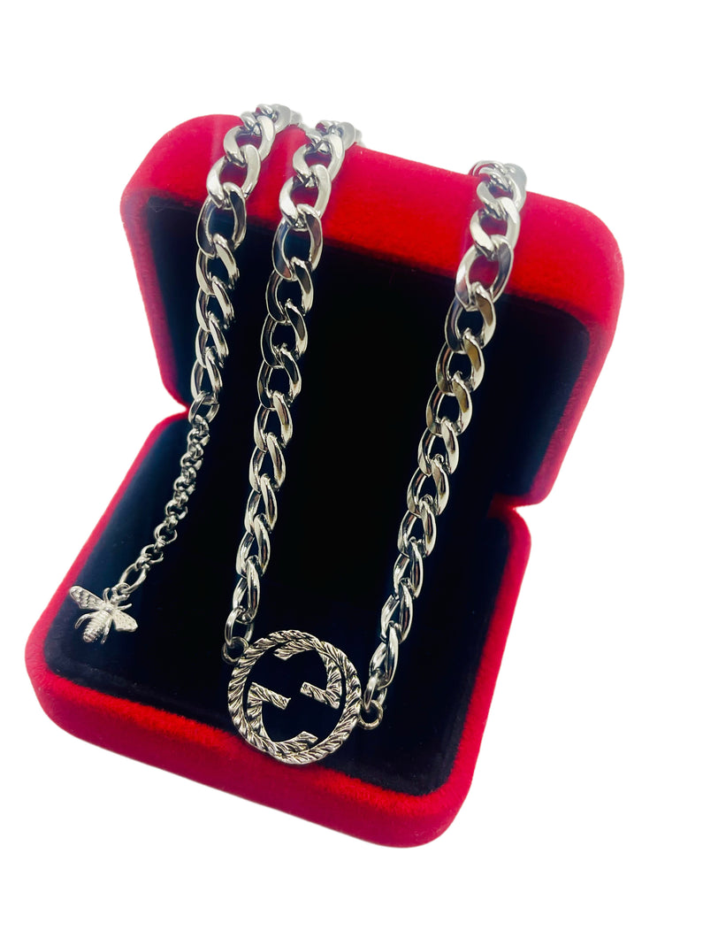 Repurposed Gucci Interlocking GG Carved Sterling Charm & Bee Necklace