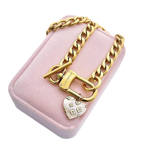 Repurposed Louis Vuitton Clasp & Mother of Pearl Removable Heart Charm Necklace