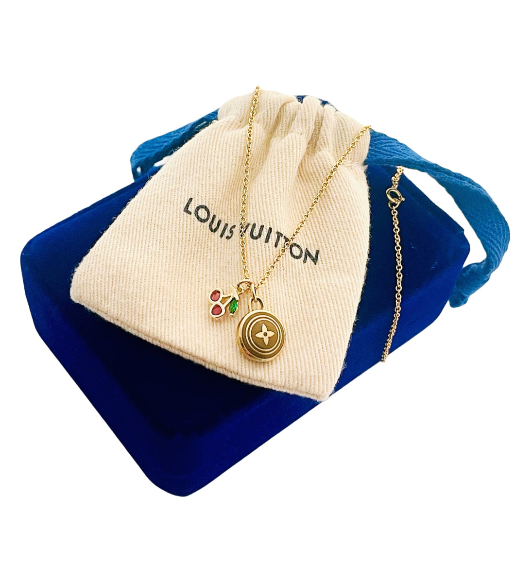 Repurposed Louis Vuitton Gold & Café Signature Flower Coin & Cherry Charm Necklace