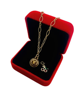 Repurposed Louis Vuitton Gold & Café Signature Logo Coin & Cherry Charm Necklace