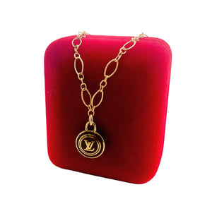 Repurposed Louis Vuitton Gold & Café Signature Logo Coin & Cherry Charm Necklace