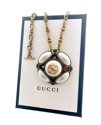 X~Large Repurposed Crystal Interlocking GG Gucci Hardware Long Necklace