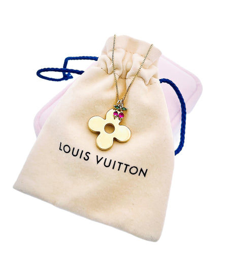 Repurposed Large Louis Vuitton Signature Logo Flower Charm & Removable Cherry Necklace