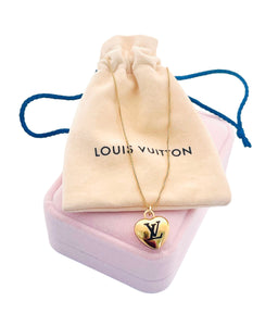 Medium Repurposed Louis Vuitton Black & Gold Signature Logo Heart Charm Necklace