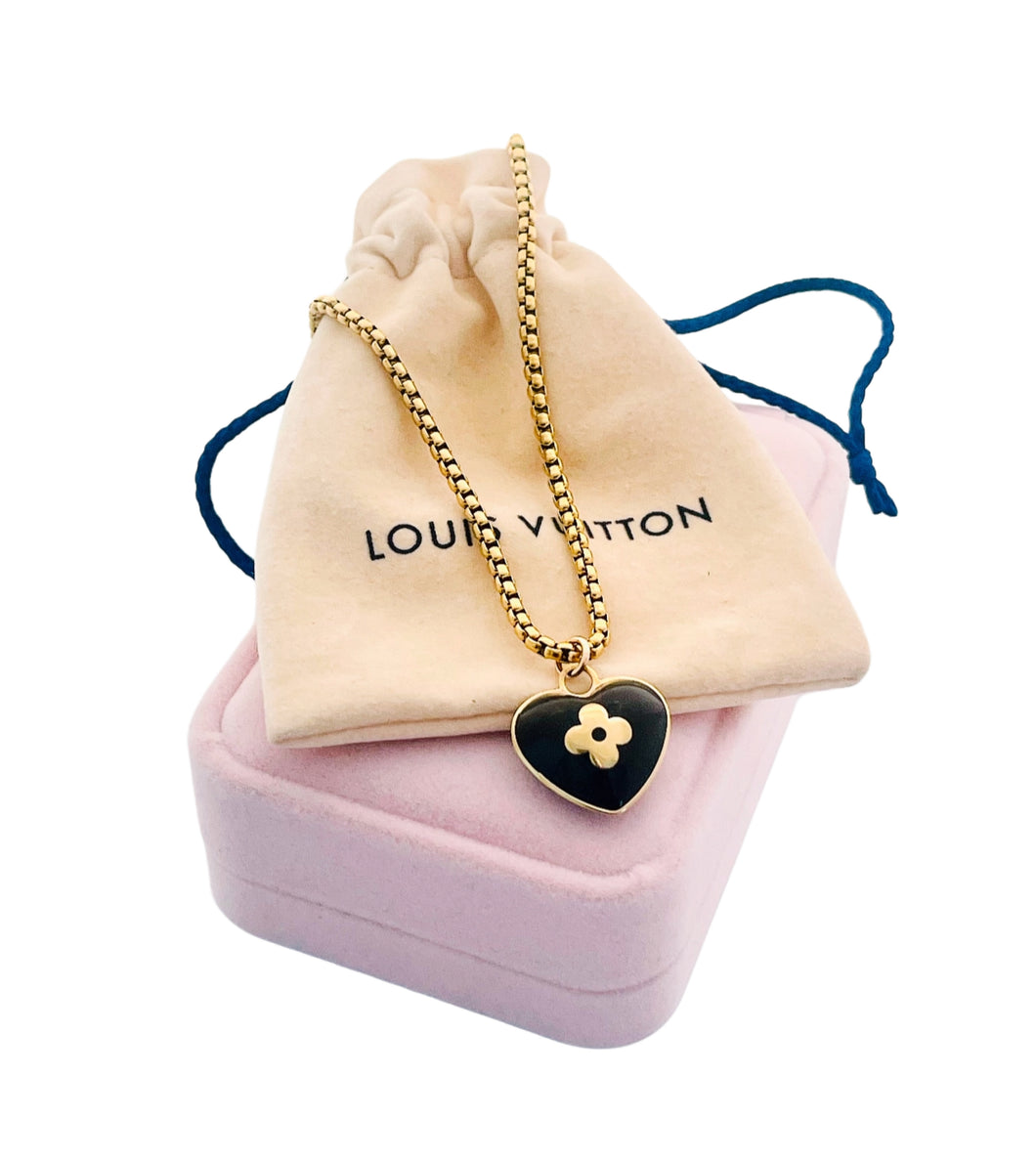 Medium Repurposed Gold & Black Enameled Louis Vuitton Signature Flower Heart Charm Necklace