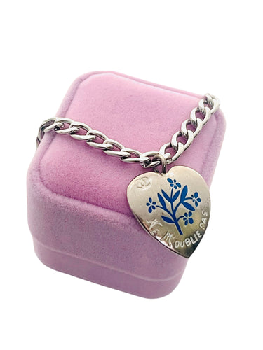 Repurposed 1980’s Vintage CC “Ne M’oublie Pas” Blue Enameled Heart Charm Necklace
