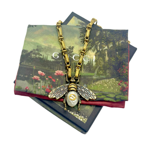Large Repurposed Gucci Bee Charm Pearl Necklace