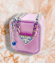 Load image into Gallery viewer, Repurposed Icy Blue &amp; Silver PRADA Tag Hardware Necklace