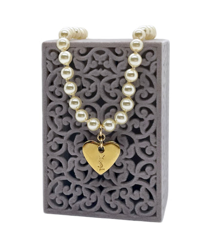 Repurposed Yves Saint Laurent Heart Charm Fresh Water Pearls Necklace