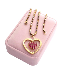 Repurposed Large Louis Vuitton Heart Cut-Out & Crystal Charm Reversible Necklace