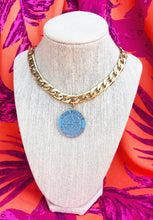 Load image into Gallery viewer, X~Large Repurposed Louis Vuitton Trunks &amp; Bags Blue~Gold Reversible Necklace