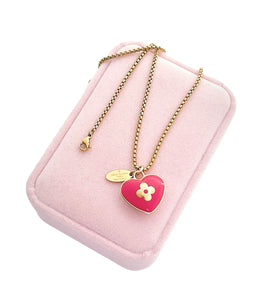 **Pre-Order** without mini Tag Charm**Medium Repurposed Gold & Pink Enameled Louis Vuitton Heart Charm Necklace