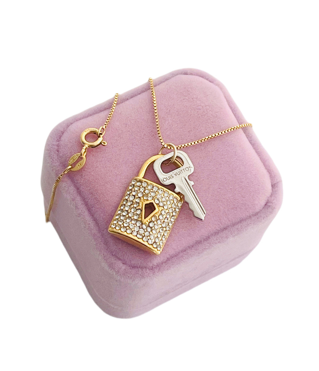 Repurposed Louis Vuitton Key Charm & Crystal Padlock Necklace