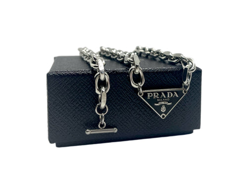 Repurposed Black & Silver Prada Tag Toggle Necklace
