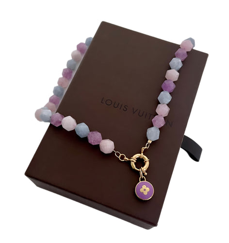Repurposed Louis Vuitton Purple & Gold Flower Charm & Mix Gemstones Necklace in