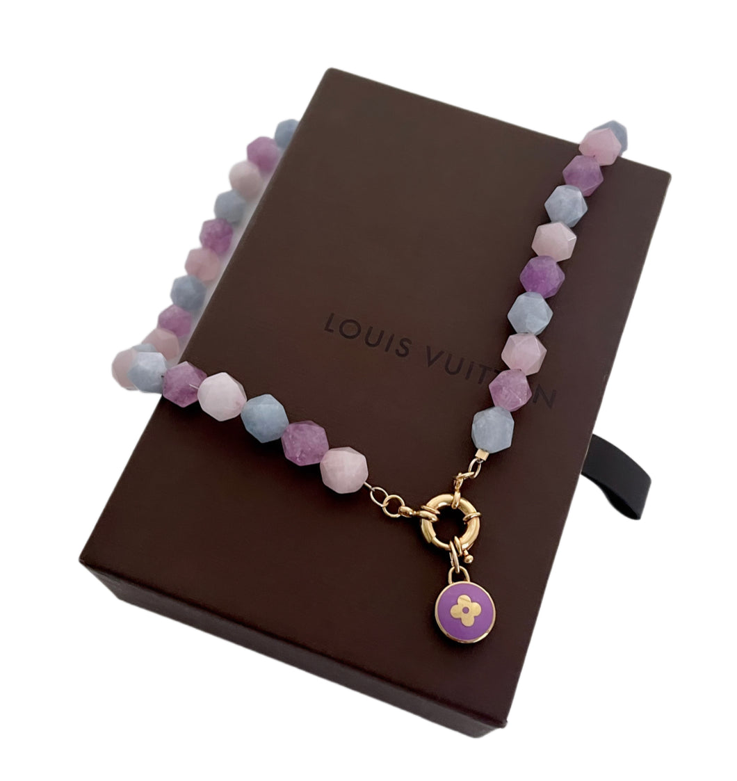 Repurposed Louis Vuitton Purple & Gold Flower Charm & Mix Gemstones Necklace