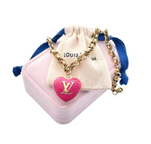 Load image into Gallery viewer, Pre-Order Large Repurposed Louis Vuitton Pink &amp; Gold Reversible Heart Charm Necklace