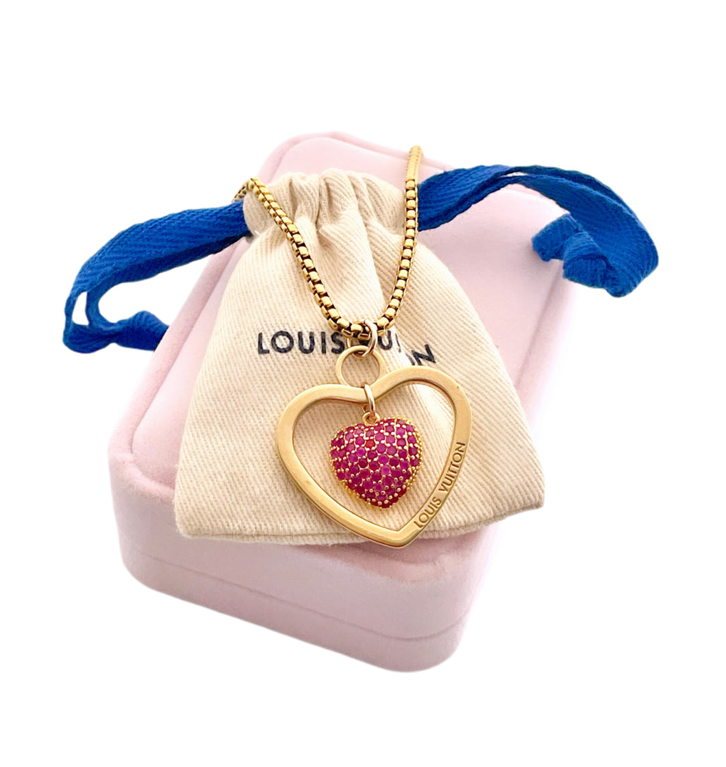 Repurposed Large Louis Vuitton Heart Cut-Out & Crystal Charm Reversible Necklace