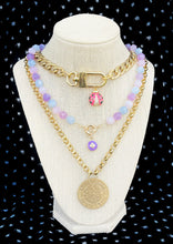 Load image into Gallery viewer, Repurposed Louis Vuitton Purple &amp; Gold Flower Charm &amp; Mix Gemstones Necklace in