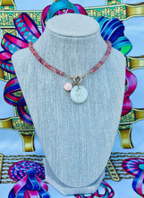 Load image into Gallery viewer, Repurposed Louis Vuitton Peach &amp; Gold Flower Charm &amp; Mother of Pearl Hamsa Sunstone Necklace