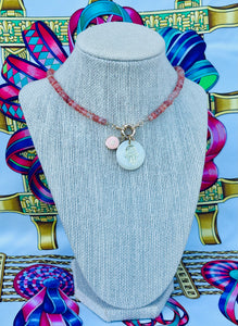 Repurposed Louis Vuitton Peach & Gold Flower Charm & Mother of Pearl Hamsa Sunstone Necklace