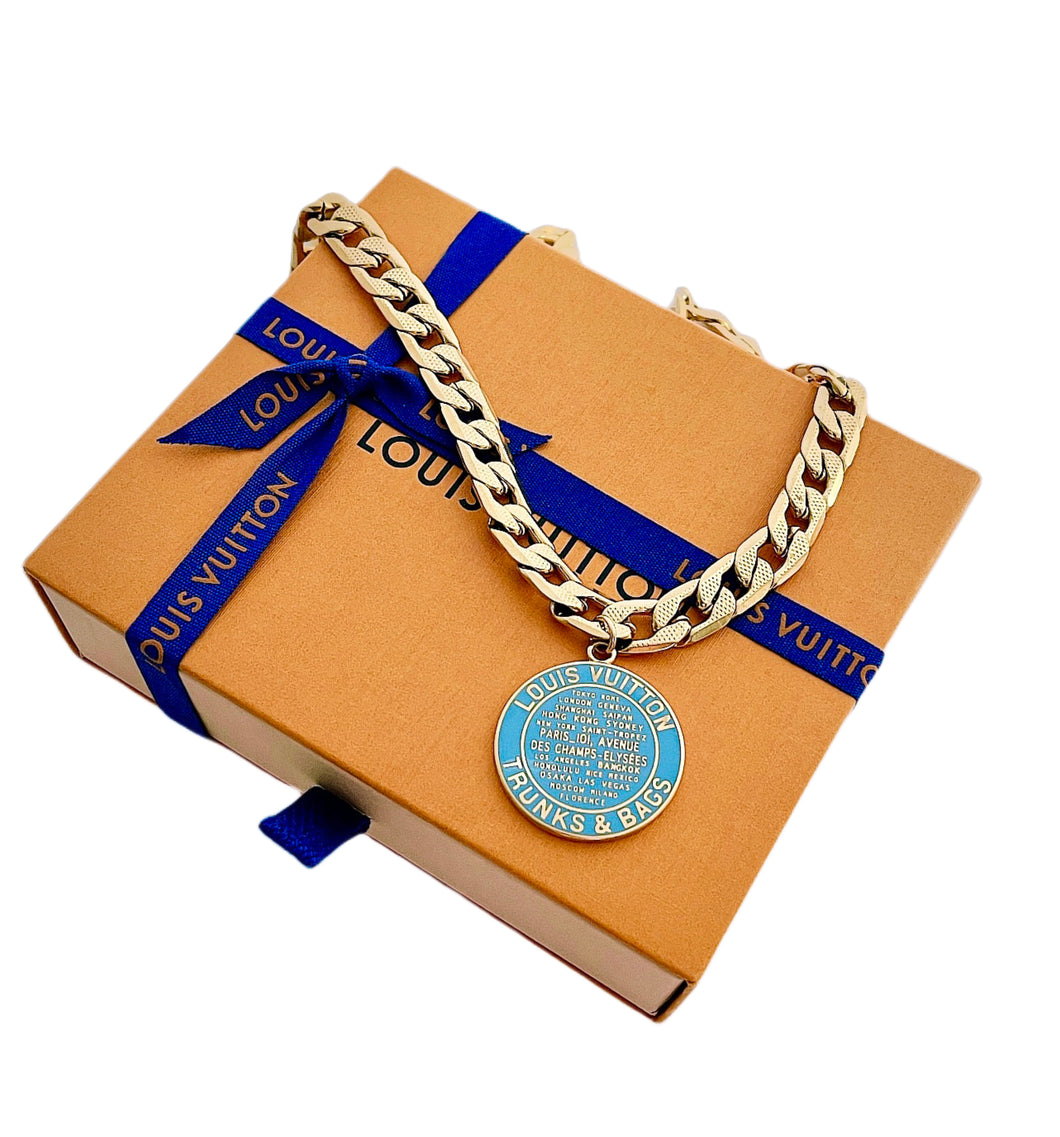 X~Large Repurposed Louis Vuitton Trunks & Bags Blue~Gold Reversible Necklace