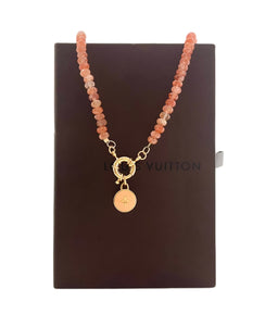 Repurposed Louis Vuitton Peach & Gold Flower Charm & Mother of Pearl Hamsa Sunstone Necklace