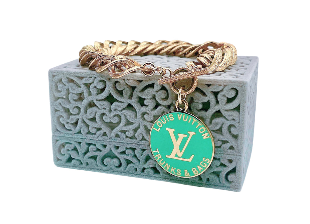 Repurposed Trunks and Bags Louis Vuitton Turquoise & Gold Charm Toggle Bracelet