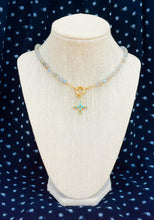 Load image into Gallery viewer, Repurposed Louis Vuitton Turquoise &amp; Gold Flower Charm Faceted Labradorite/Moonstone Necklace