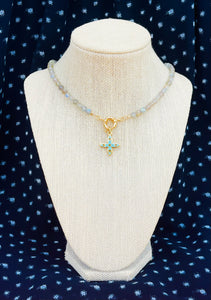 Repurposed Louis Vuitton Turquoise & Gold Flower Charm Faceted Labradorite/Moonstone Necklace