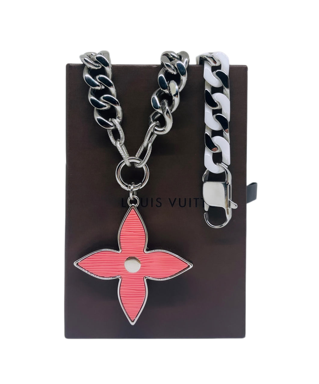 X~Large Repurposed Louis Vuitton Coral & Silver Flower Charm Convertible Bracelet/Necklace