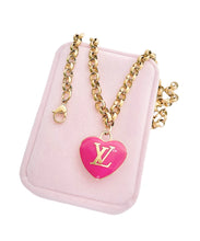 Load image into Gallery viewer, Large Repurposed Louis Vuitton Pink &amp; Gold Reversible Heart Charm Necklace