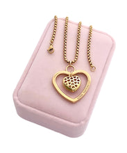 Load image into Gallery viewer, Repurposed Large Louis Vuitton Heart Cut-Out &amp; Crystal Charm Reversible Necklace