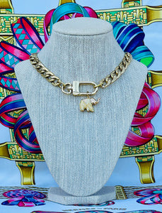 Repurposed Louis Vuitton KeyClasp & Vintage Enameled Elephant Charm Necklace