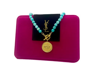 Large Repurposed Yves Saint Laurent Button & Amazonite Stone Toggle Necklace
