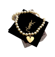 Load image into Gallery viewer, Repurposed Yves Saint Laurent Heart Charm Fresh Water Pearls Necklace