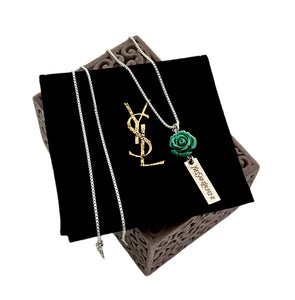 Repurposed Yves Saint Laurent Vertical Bar & Vintage Rose Charm Necklace