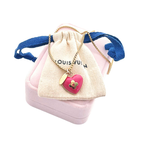 Medium Repurposed Gold & Pink Enameled Louis Vuitton Heart Charm Necklace