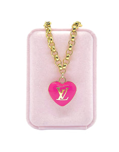 Large Repurposed Louis Vuitton Pink & Gold Reversible Heart Charm Necklace