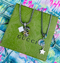Load image into Gallery viewer, Repurposed Gucci Logo Square Sterling Charm &amp; Honeycomb Crystal Necklace