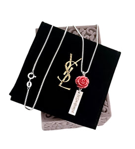 Repurposed Yves Saint Laurent Vertical Bar & Vintage Rose Charm Necklace
