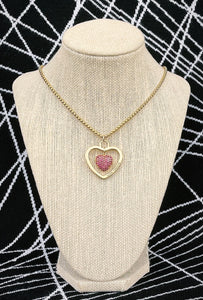 Repurposed Large Louis Vuitton Heart Cut-Out & Crystal Charm Reversible Necklace