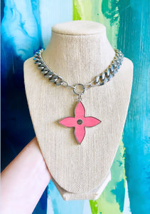 X~Large Repurposed Louis Vuitton Coral & Silver Flower Charm Convertible Bracelet/Necklace