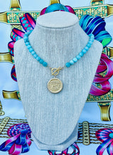 Load image into Gallery viewer, Large Repurposed Yves Saint Laurent Button &amp; Amazonite Stone Toggle Necklace