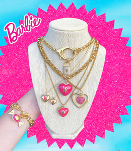 **Pre-Order** without mini Tag Charm**Medium Repurposed Gold & Pink Enameled Louis Vuitton Heart Charm Necklace
