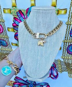 Repurposed Louis Vuitton KeyClasp & Vintage Enameled Elephant Charm Necklace