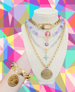 Repurposed Louis Vuitton Purple & Gold Flower Charm & Mix Gemstones Necklace in