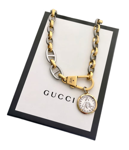 Repurposed Gucci KeyClasp & Bee Medallion Mix Metal Necklace