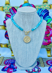 Large Repurposed Yves Saint Laurent Button & Amazonite Stone Toggle Necklace