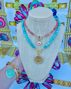 Large Repurposed Yves Saint Laurent Button & Amazonite Stone Toggle Necklace